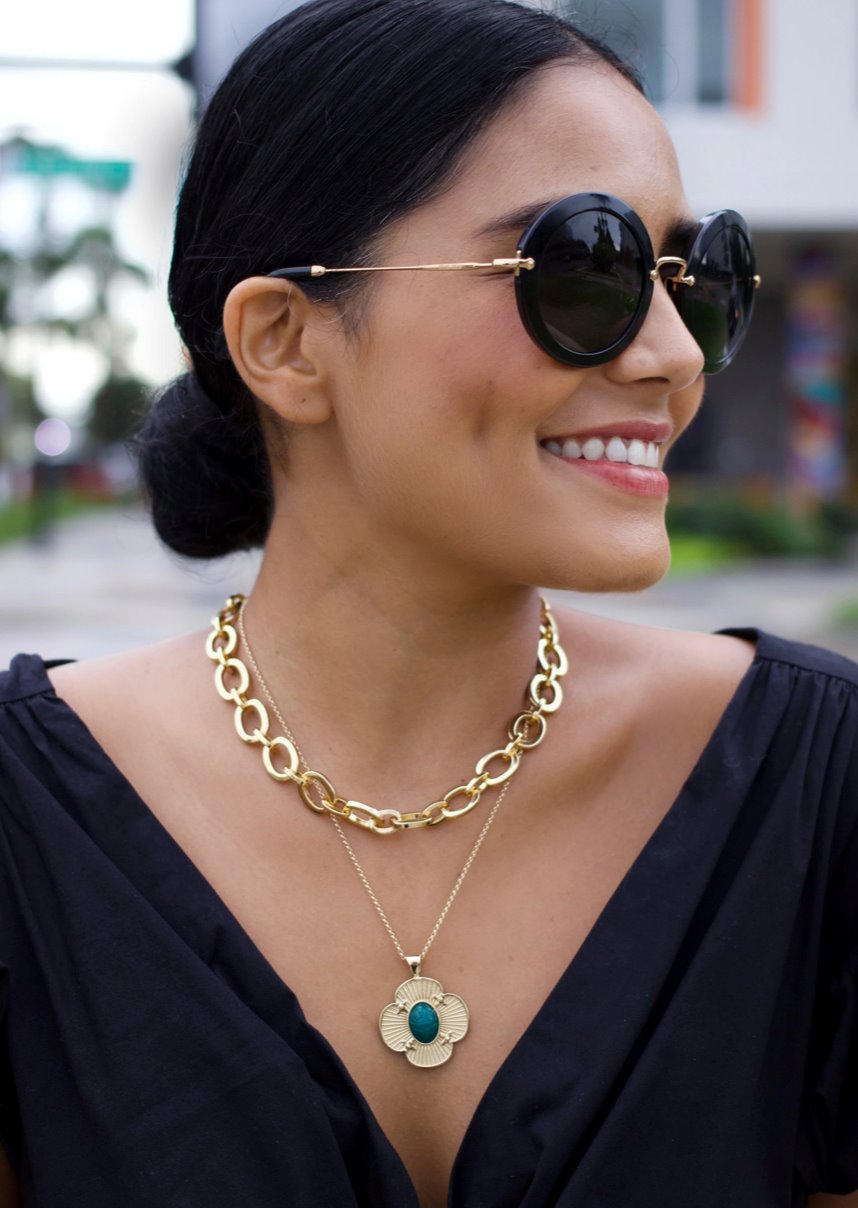 Gold Necklaces with Teal Stone Pendant and Sunglasses Gold Necklaces with Teal Stone Pendant and Sunglasses — Chunky Jewelry