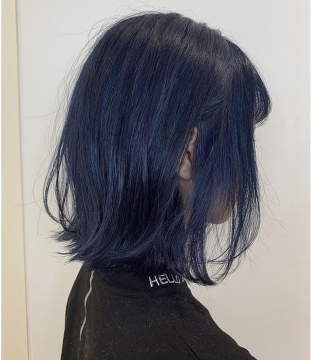 Sharp Chin-Length Side-Parted Dark Blue Bob — Dark Blue Hair