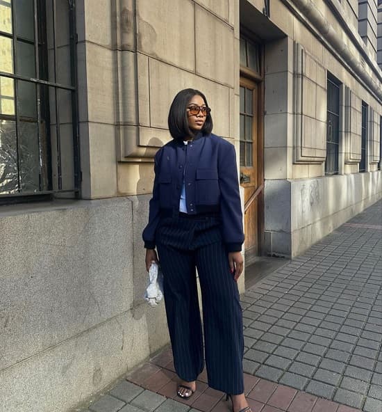 Streetwear Navy Bomber and Pinstripes — Monochrome Outfits