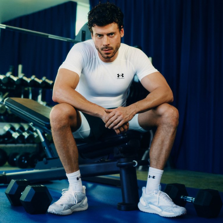 Classic Gym Combination: White Logo Tee and Black Athletic Shorts — Mens Gym Outfits