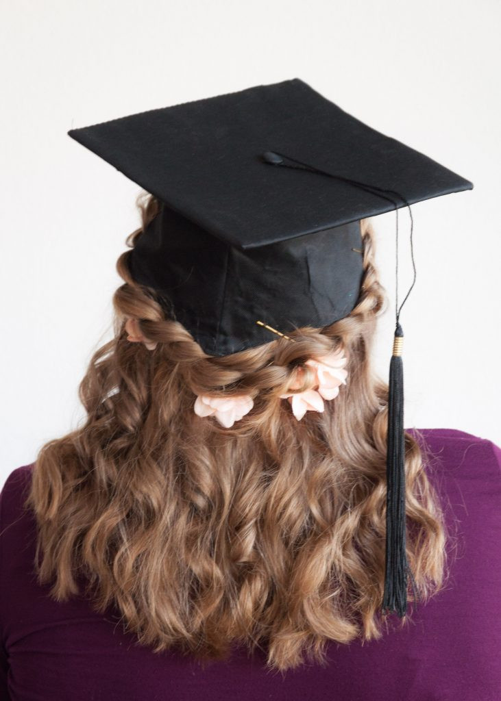 Shoulder Curls with Decorative Braids Shoulder Curls with Decorative Braids — Graduation Hairstyles with Cap