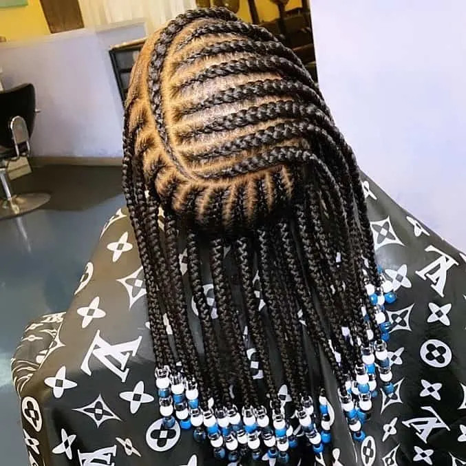 Black Braids With Swirl Crown And Blue Beads — Lemonade Braids with Beads