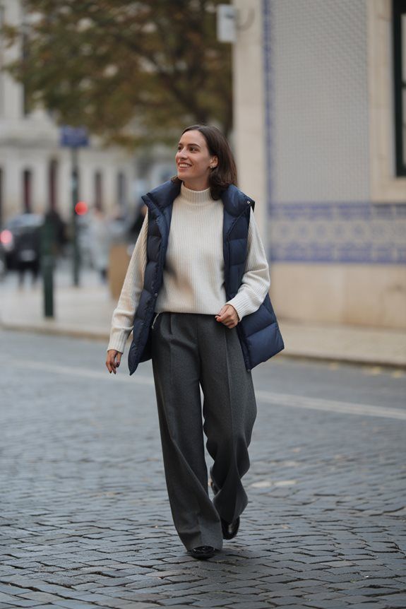 Navy Puffer Vest Layered Over Cream Turtleneck with Grey Trousers — Lisbon Outfits