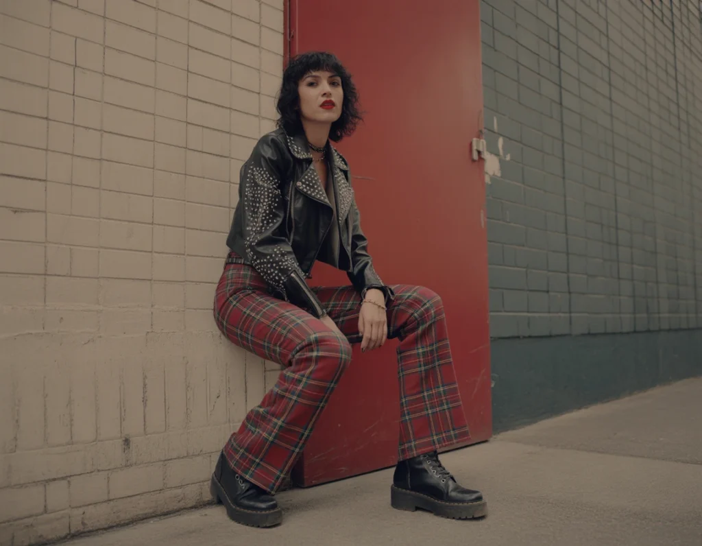 Studded Leather Jacket with Plaid Flared Pants Studded Leather Jacket with Plaid Flared Pants — Pop Punk Outfits