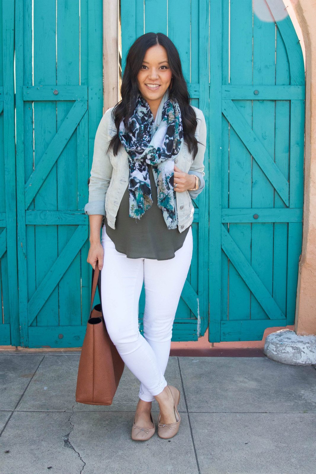 White Slim-Fit Jeans with Olive Top and Denim Jacket — Dressy Casual Outfits