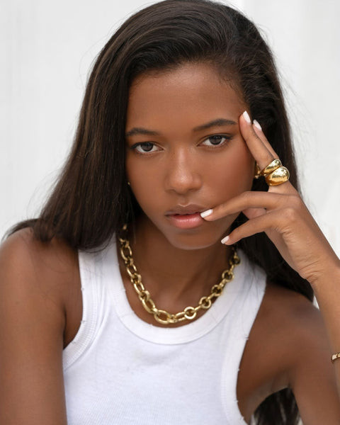 Chunky Gold Chain Necklace with White Tank and Rings — Chunky Gold Necklaces
