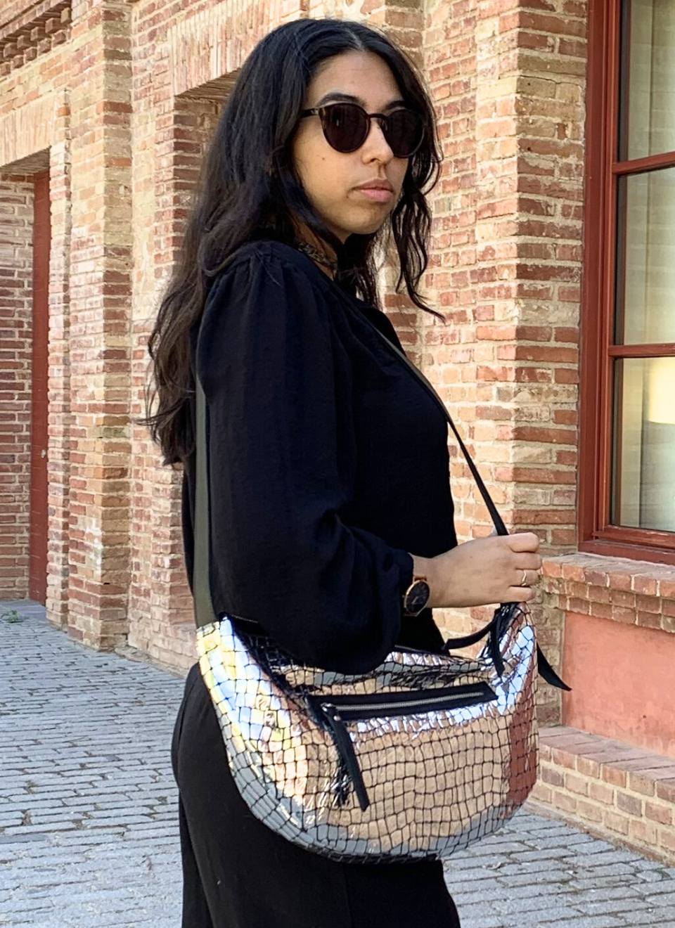 All-Black Outfit with a Metallic Silver Shoulder Bag All-Black Outfit with a Metallic Silver Shoulder Bag — Shoulder Bags