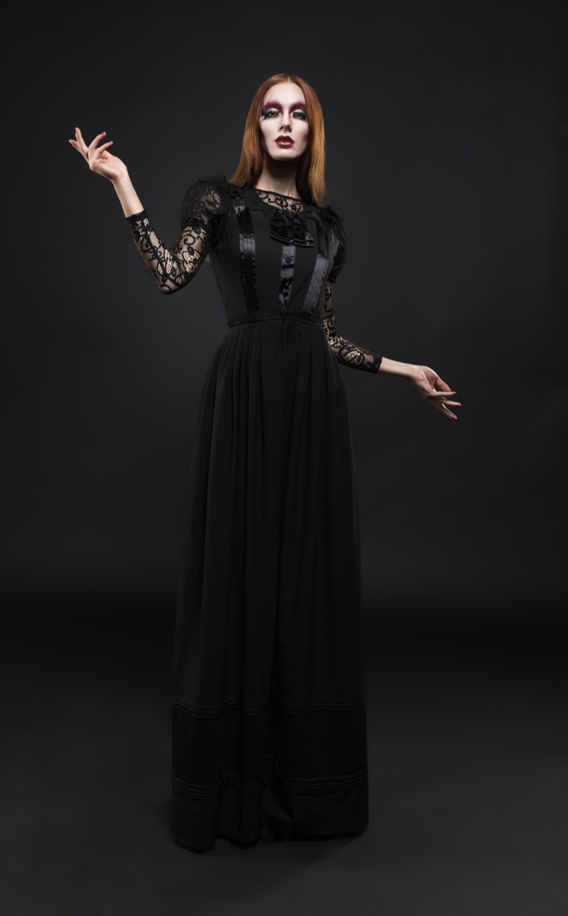 Full-Length Black Gothic Dress with Lace Sleeves Full-Length Black Gothic Dress with Lace Sleeves — Vampire Aesthetic Outfits