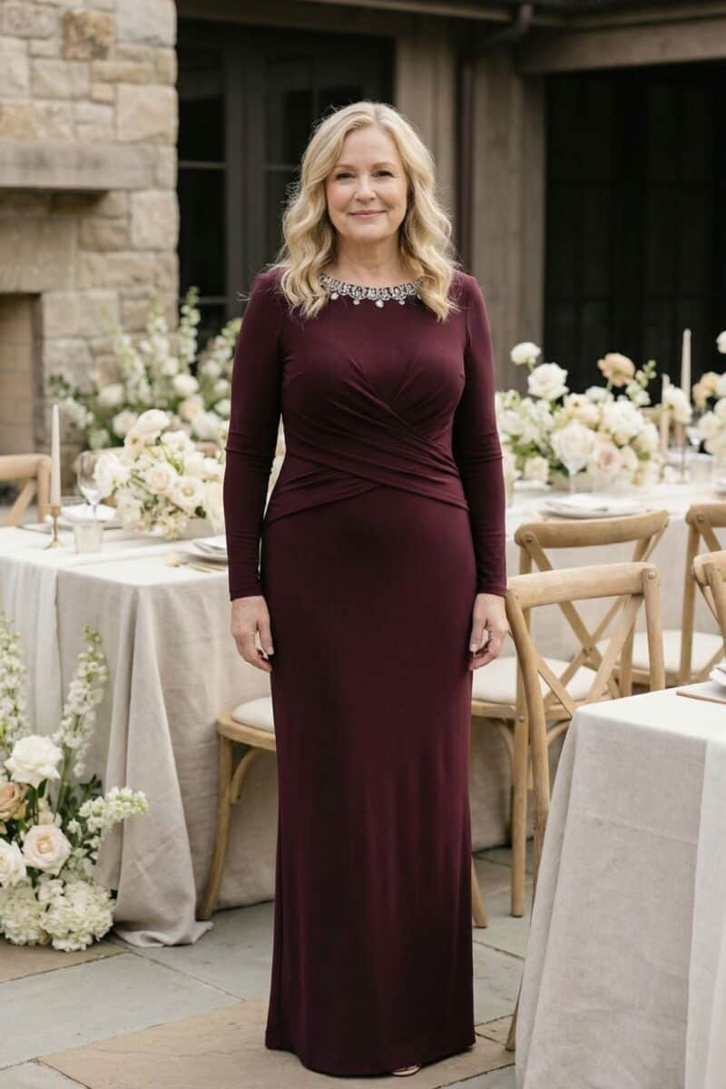 Maroon Ruched Dress with Embellished Neckline for Slimming Elegance Maroon Ruched Dress with Embellished Neckline for Slimming Elegance — Dresses to Hide Belly