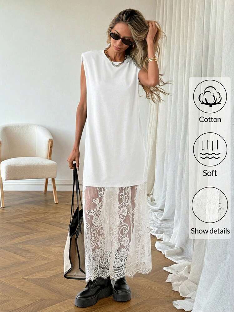 Oversized White Dress with Lace Hem and Platform Boots Oversized White Dress with Lace Hem and Platform Boots — Shein Outfits