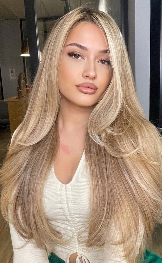 Champagne Blonde Balayage With Side Part Champagne Blonde Balayage With Side Part