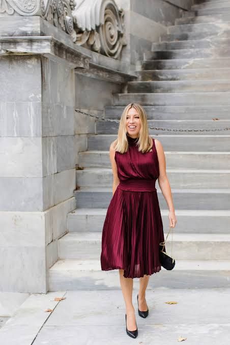 Burgundy Pleated Midi Dress with Cinched Waist — Party Dresses