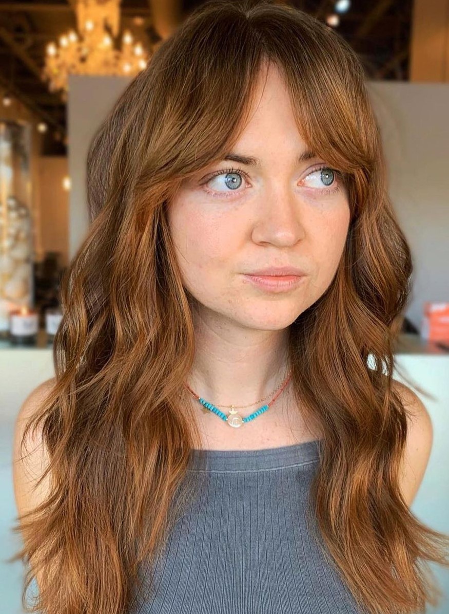 Copper Red Mid-Back Curtain Bangs — Bangs for Round Face