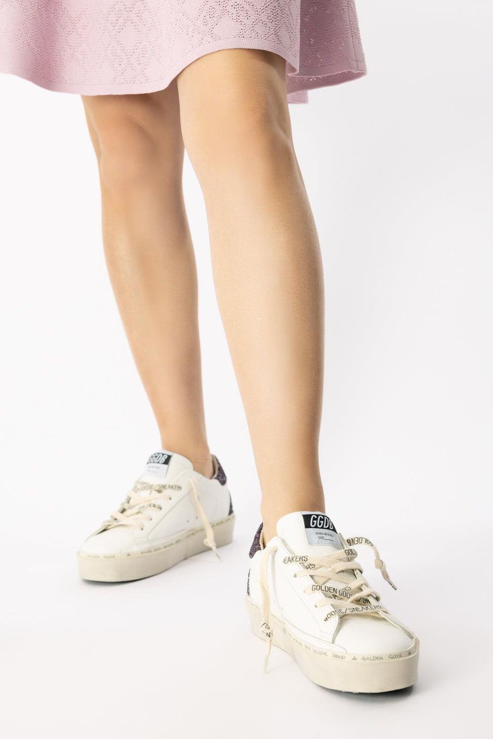 Pink Knit Dress with White Glitter Sneakers — Golden Goose Outfits
