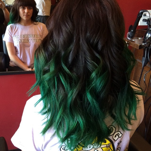 Forest Green Ombre Mid-Back Waves With Blunt Bangs — Forest Green Hair