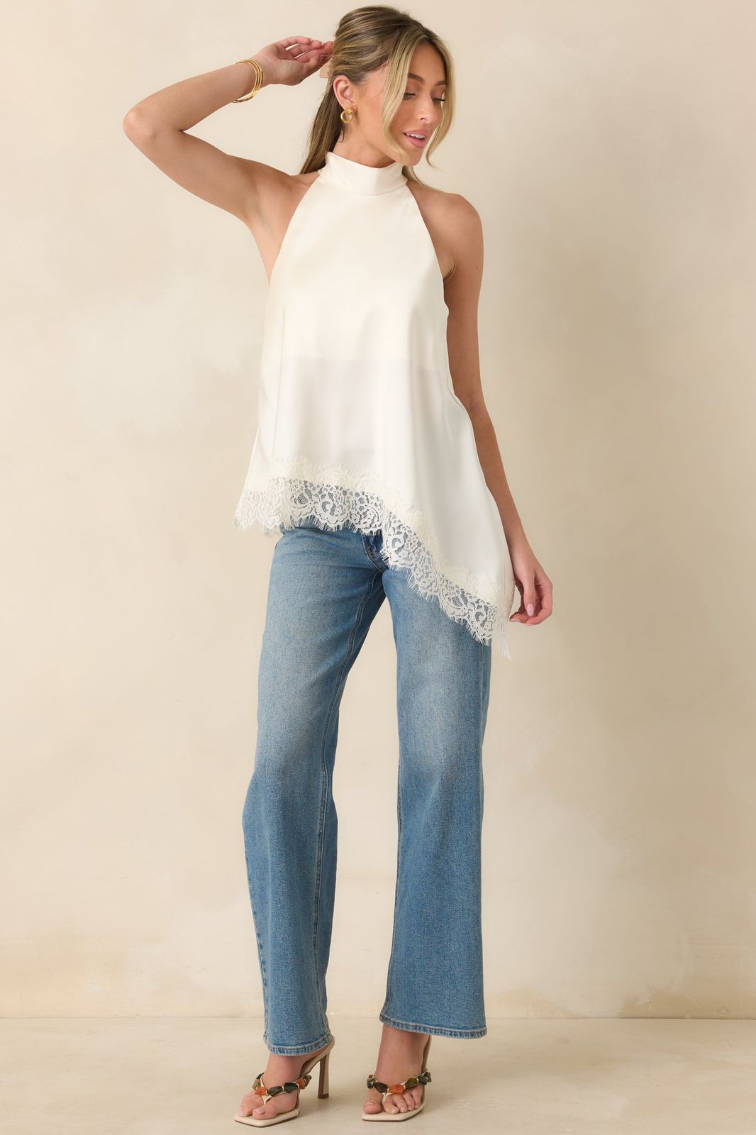Ivory Satin Asymmetric Halter Top with Lace Trim and Denim Ivory Satin Asymmetric Halter Top with Lace Trim and Denim — Halter Top Outfits