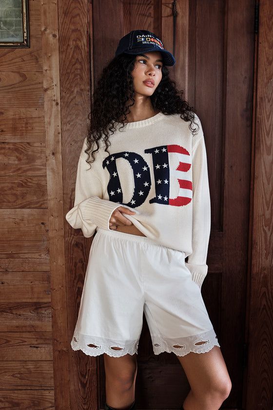 Nautical 'DE' Graphic Sweater with Lace-Trimmed Shorts — Nantucket Outfits
