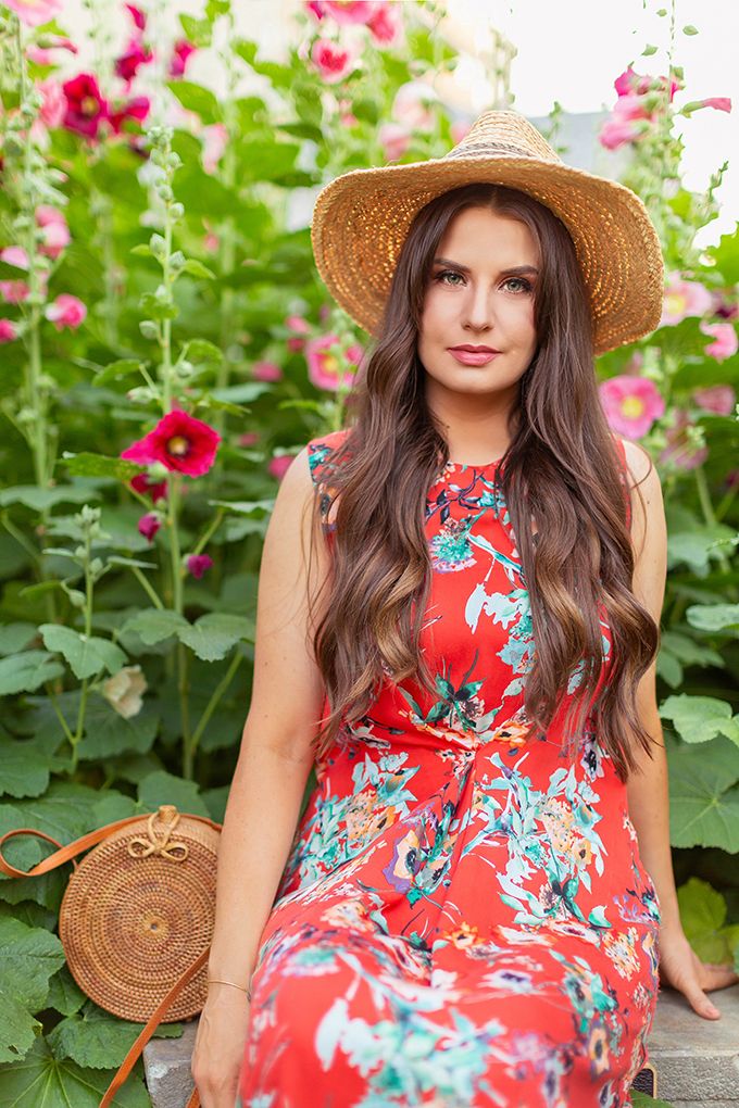 Red Floral Dress with Straw Hat — Garden Party Outfits