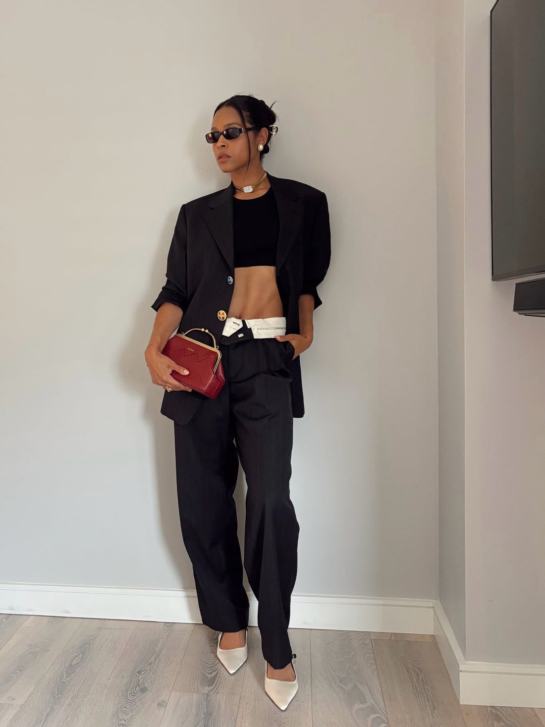 Pinstripe Suit and Crop Top with White Satin Slingbacks for Polished Style — Slingback Heels Outfits