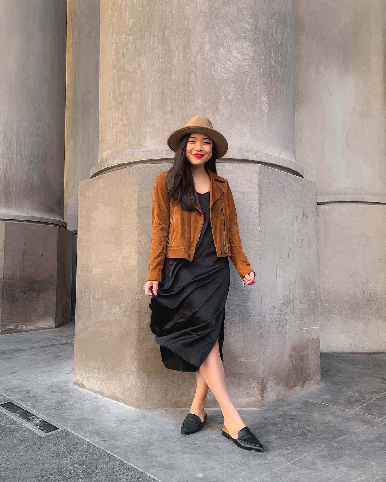 Brown Suede Moto Jacket Over Black Slip Dress Brown Suede Moto Jacket Over Black Slip Dress — Toronto Outfits