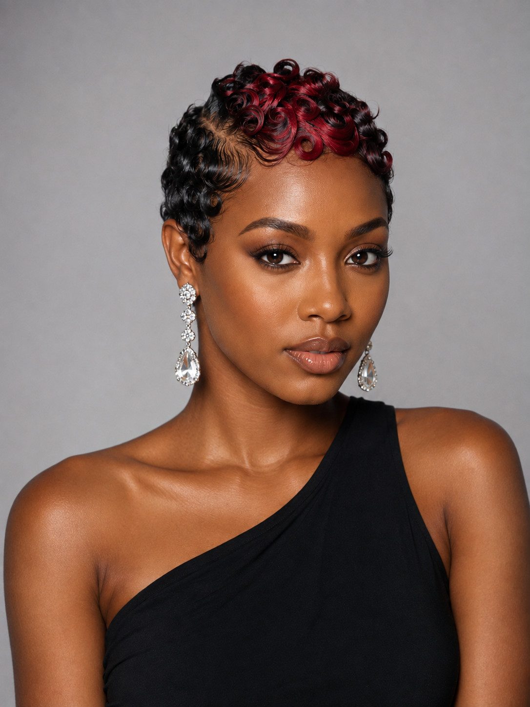 Edgy Pixie With Vibrant Red Highlights Edgy Pixie With Vibrant Red Highlights — Red Highlights on Black Hair