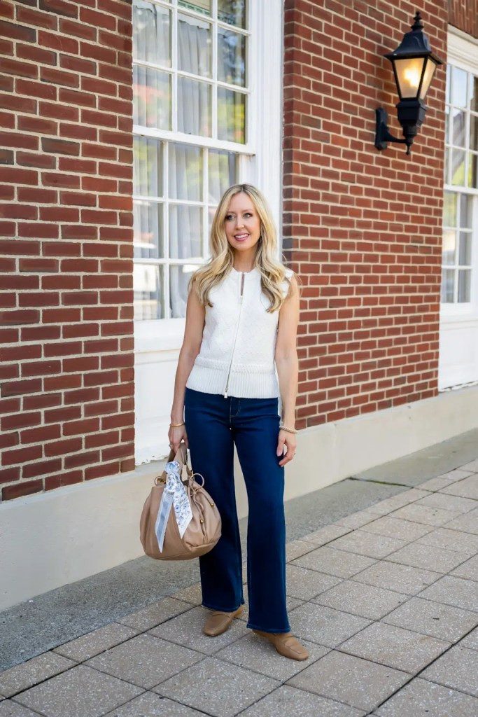Casual Contrast: Tan Loafers with Dark Jeans and White Knit Vest — Loafers with Jeans Outfits