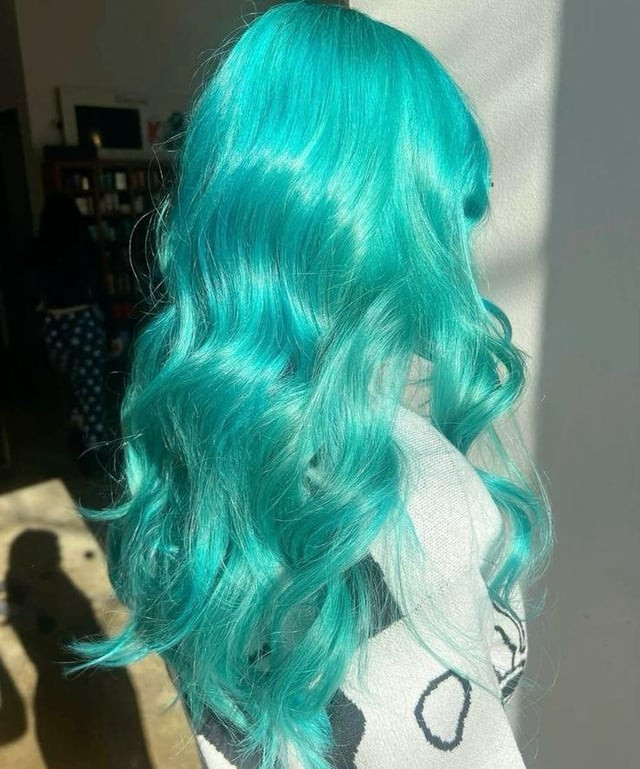 Side View Long Layered Bright Aqua — Aqua Hair