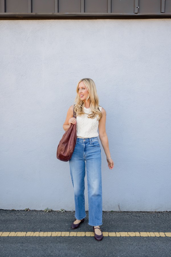 Textural Contrast: Cable Knit Top and Burgundy Flats with Light Blue Wide Leg Jeans — Wide Leg Jeans Outfits