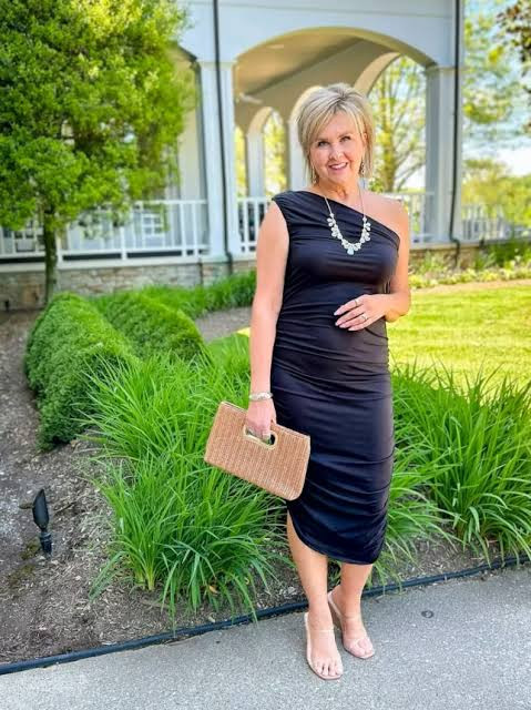 Black One-Shoulder Ruched Midi Dress for Evening Events — Casino Outfits