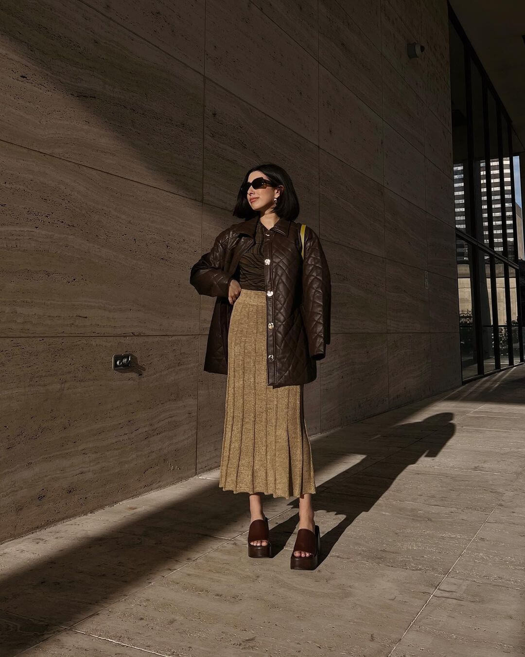 Pleated Midi Skirt and Knit Top with Brown Platform Mules — Platform Heels Outfits