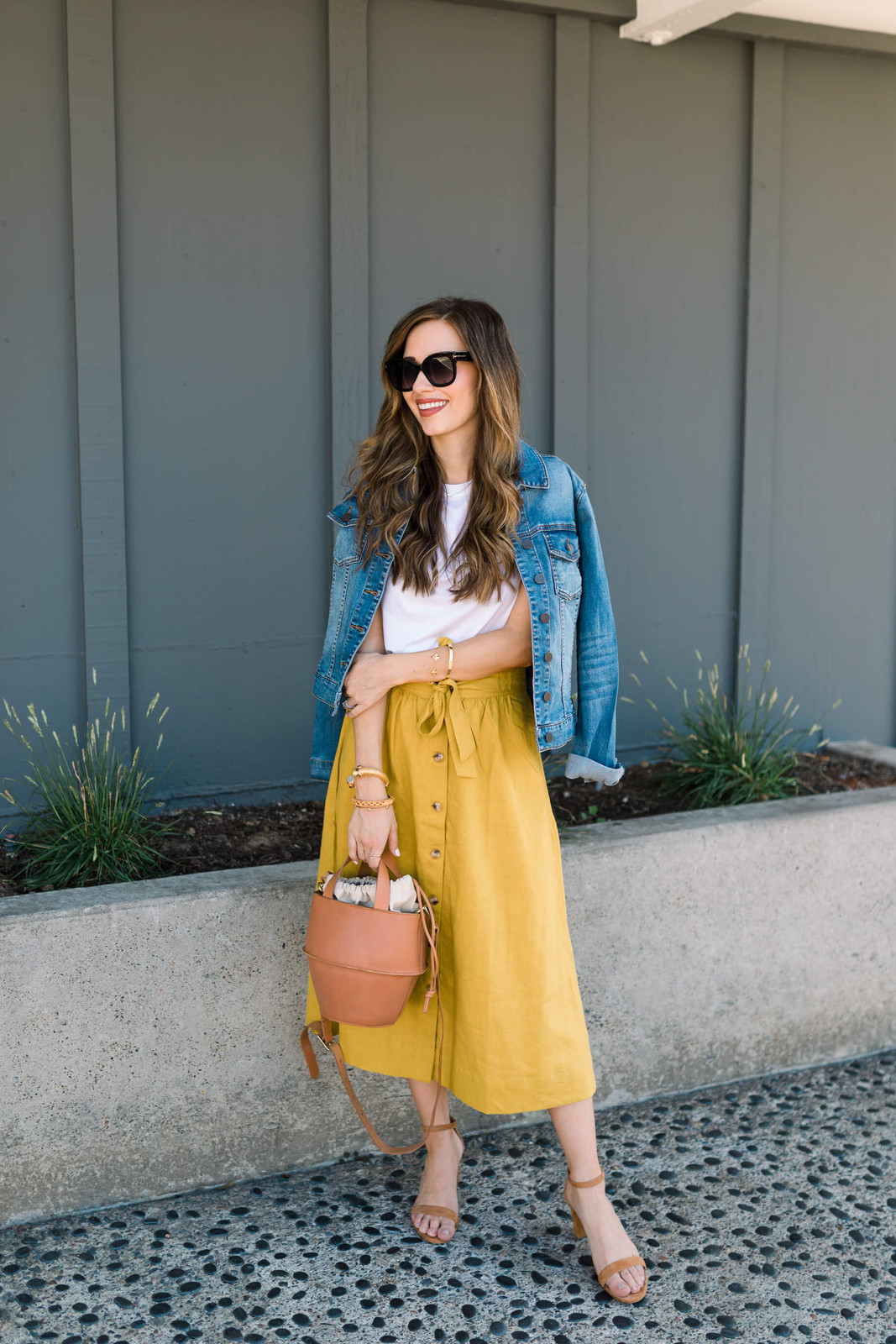 Denim Jacket Draped Over Yellow Midi Skirt and White Tee Denim Jacket Draped Over Yellow Midi Skirt and White Tee — Madewell Outfits