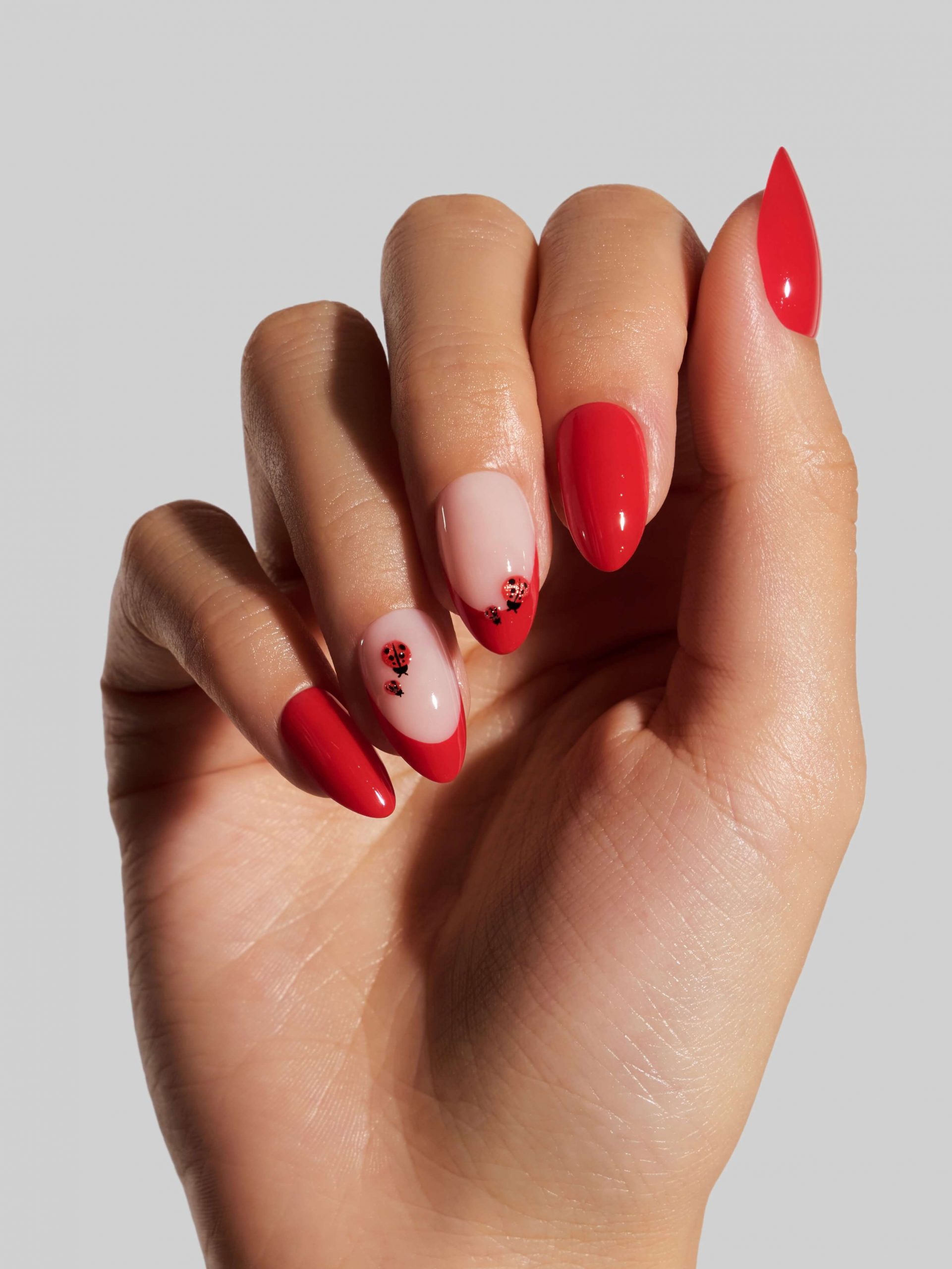 Ladybugs On Accent Nails Medium Stiletto French Tips with Ladybug Decals — Ladybug Nails