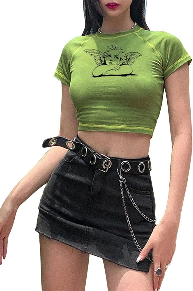 Angel Graphic Crop Top with Grommet Belt: Casual E-Girl Edge — E-Girl Outfits