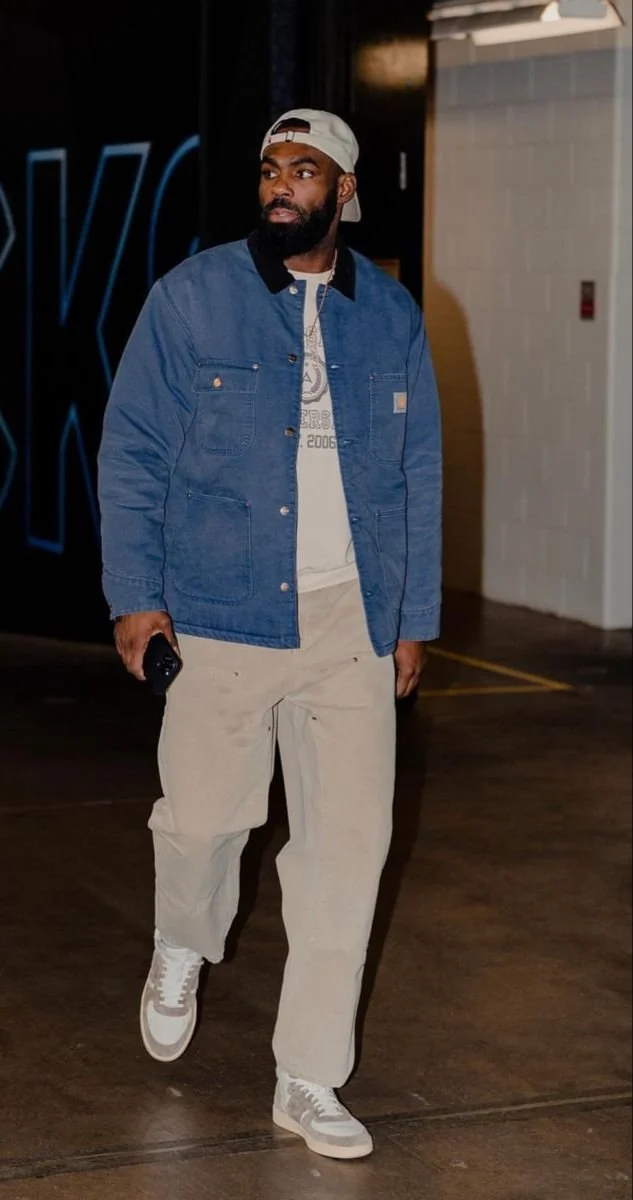 Casual Street Style: Denim Chore Coat and Graphic Tee Casual Street Style: Denim Chore Coat and Graphic Tee — Outfits for Men Over 40