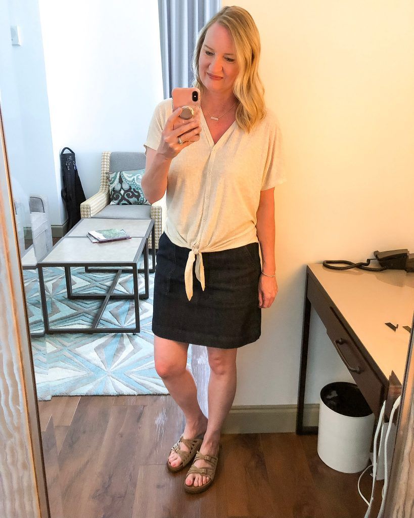 Beige Tie-Front Top with Dark Blue Denim Skirt Beige Tie-Front Top with Dark Blue Denim Skirt — Savannah Outfits
