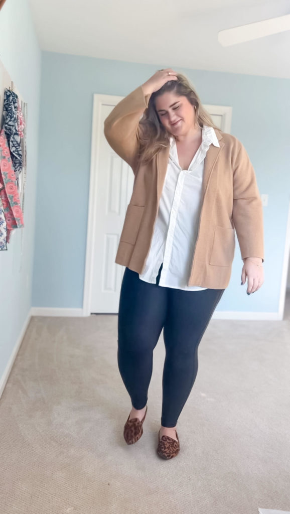 Navy Leggings with a Ruffled Shirt and Leopard Loafers — Legging Outfits