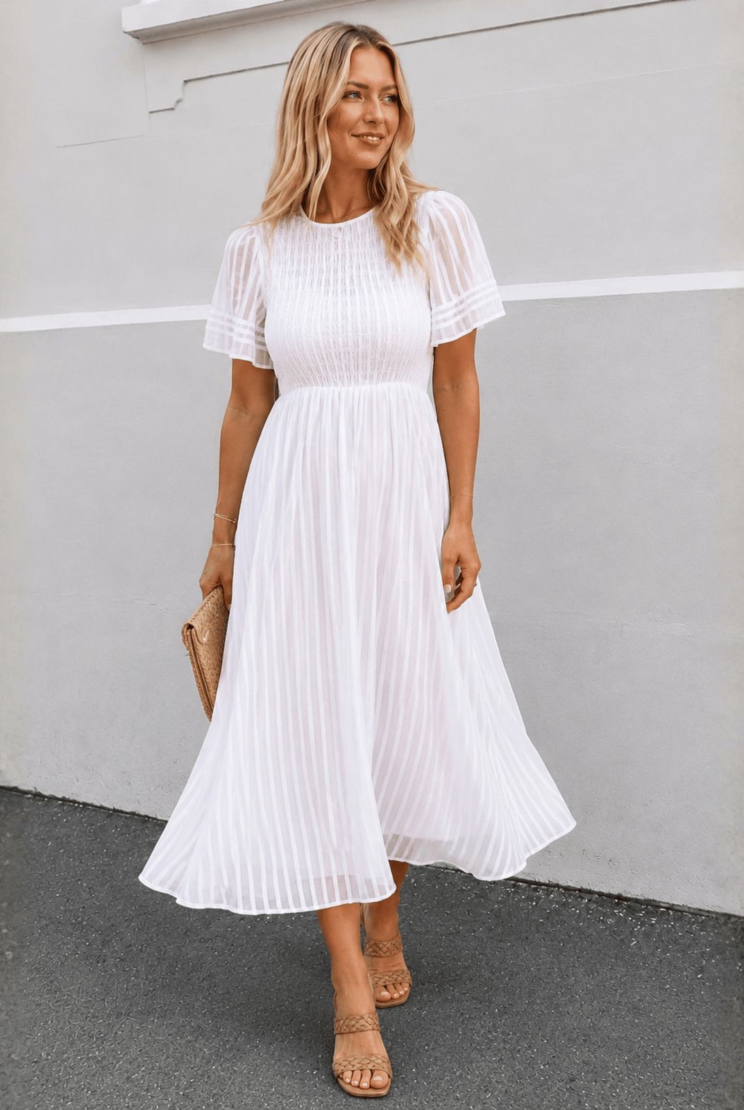 Striped Sheer Midi Dress for Casual Warm Weather — Modest Dresses