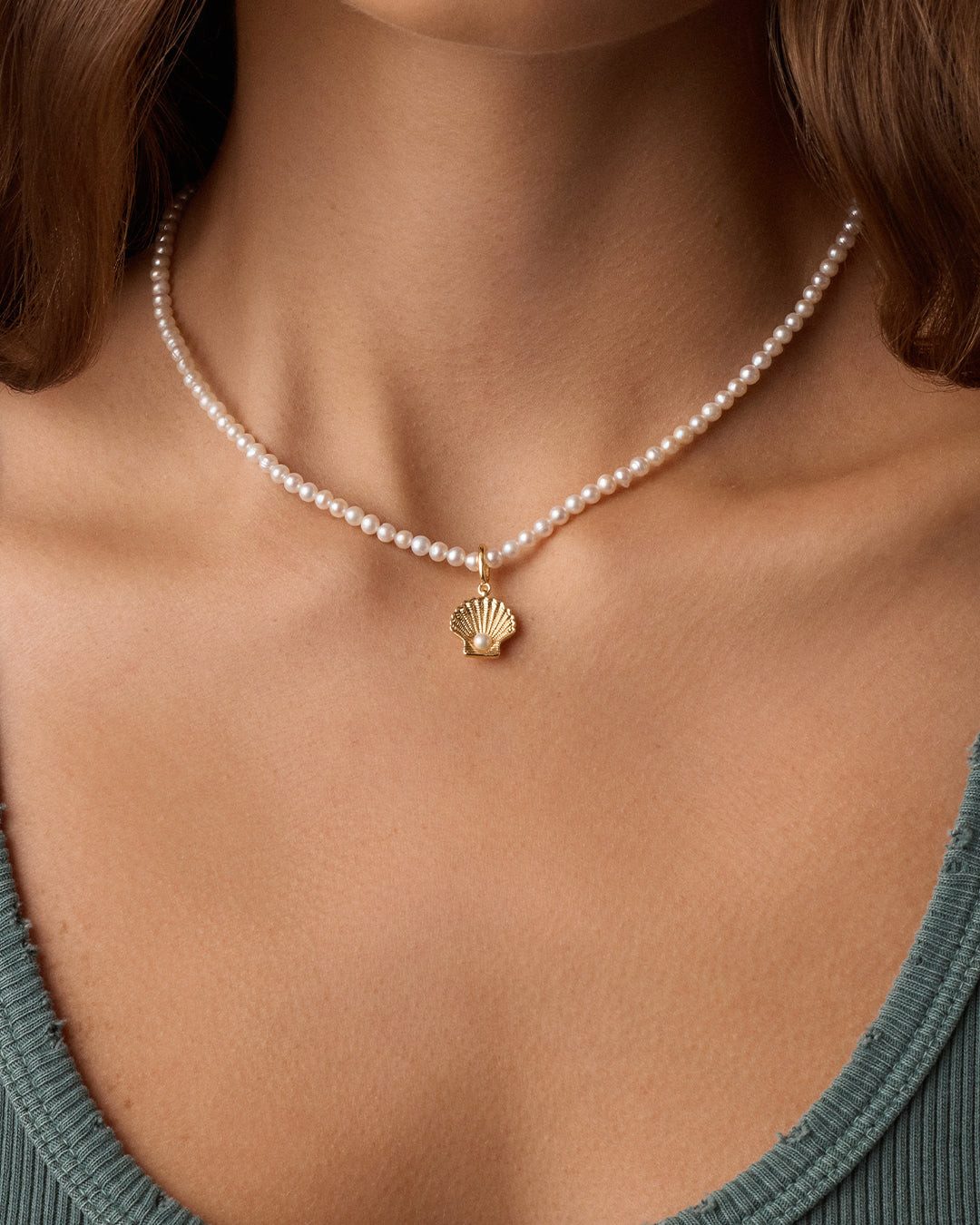 Pearl Necklace with Gold Shell Charm Pearl Necklace with Gold Shell Charm — Charm Necklaces
