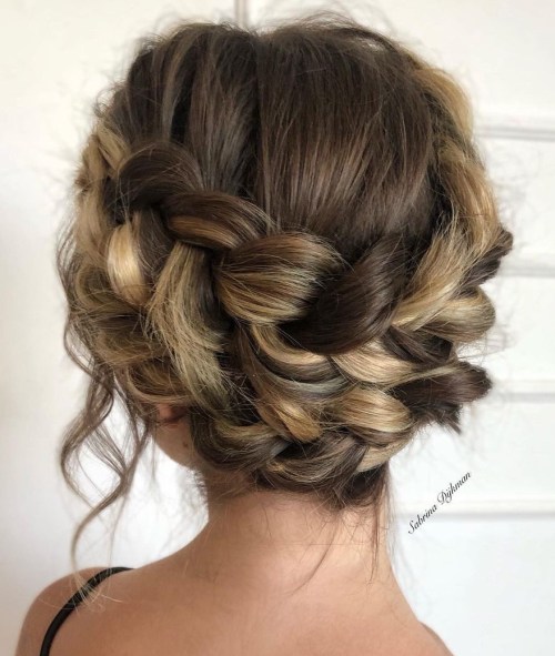 Dark Brown With Caramel Highlights Thick Braided Crown Updo Dark Brown With Caramel Highlights Thick Braided Crown Updo — Easy Updos for Long Hair