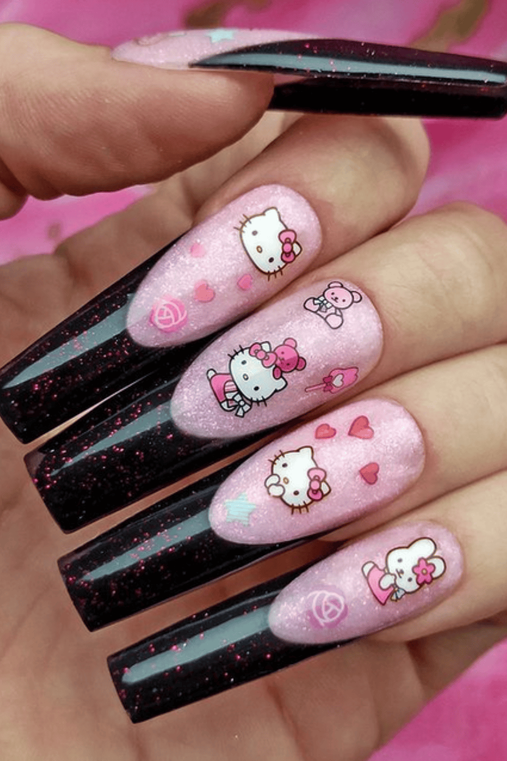 Glittery Pink Base Glossy Black Tips Visual Idea — Sanrio Nails