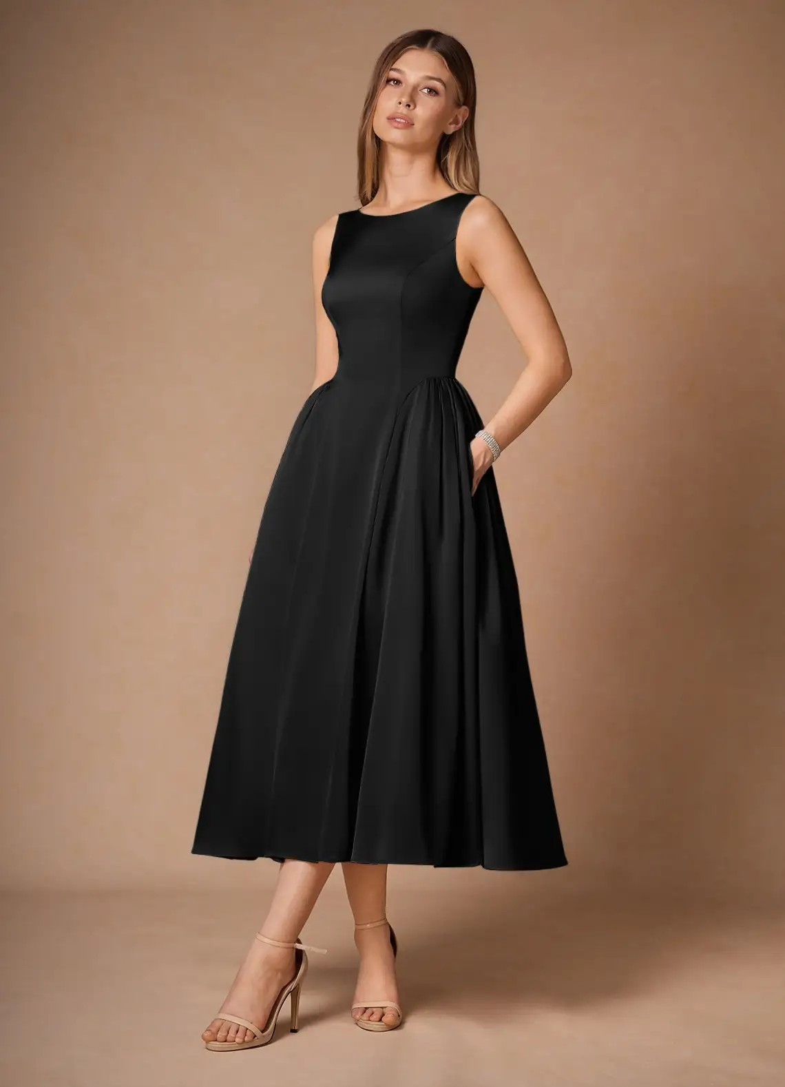 Black Satin Fit-and-Flare Midi Dress with Cinched Waist Black Satin Fit-and-Flare Midi Dress with Cinched Waist — Semi Formal Outfits
