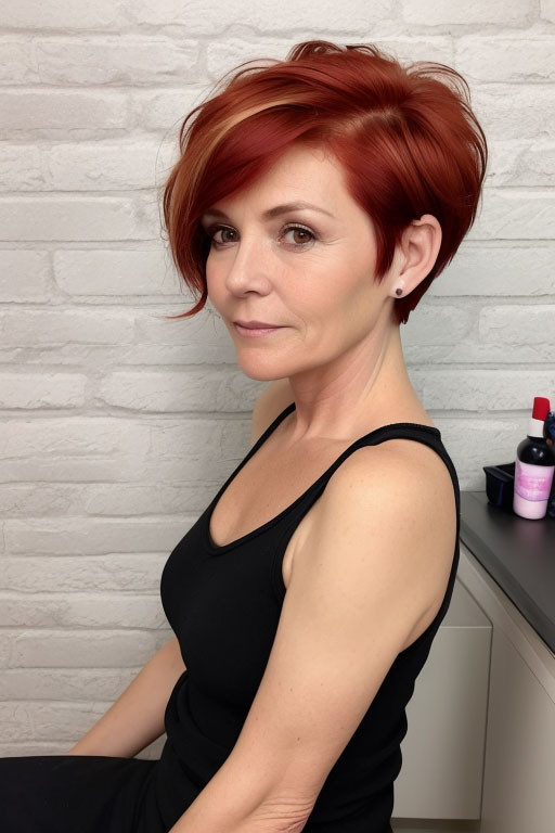 Edgy Red Pixie With Blonde Streak Edgy Red Pixie With Blonde Streak — Red Hair Over 50