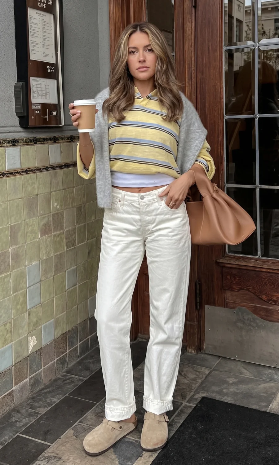 Tan Clogs with White Jeans and Draped Cardigan — Clog Outfits