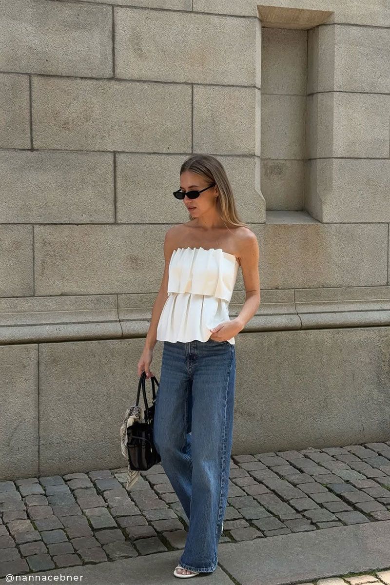 White Ruffled Tube Top with Wide-Leg Jeans and Scarf White Ruffled Tube Top with Wide-Leg Jeans and Scarf — Tube Top Outfits