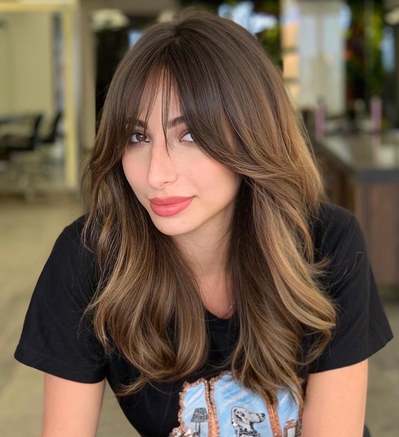 Chest-Length Waves With Soft Full Bangs — Hairstyles for Big Forehead