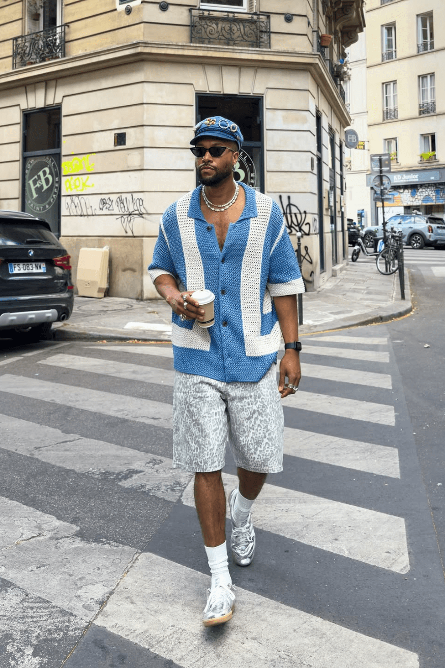 Crochet Knit Shirt and Grey Shorts for a Trendy Vacation Look Crochet Knit Shirt and Grey Shorts for a Trendy Vacation Look — Mens Vacation Outfits