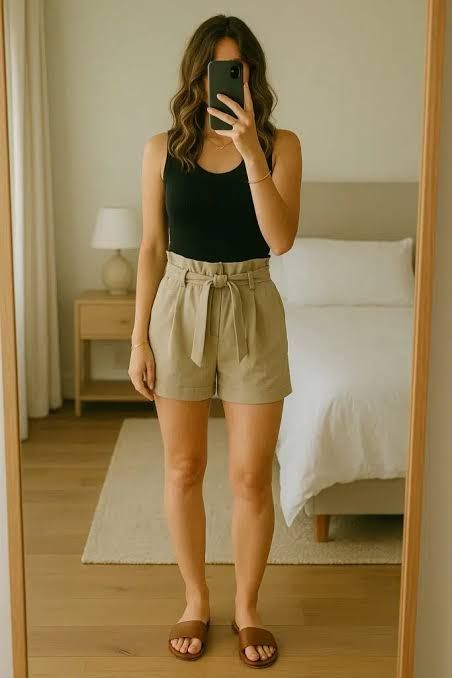 Paperbag Waist Shorts with a Ribbed Tank for Casual Chic — Outfits for Mom Bod
