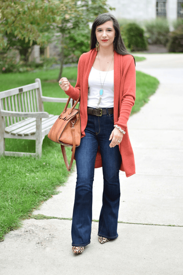 Orange Cardigan and Leopard Heels with Dark Flares — Flare Jeans Outfits