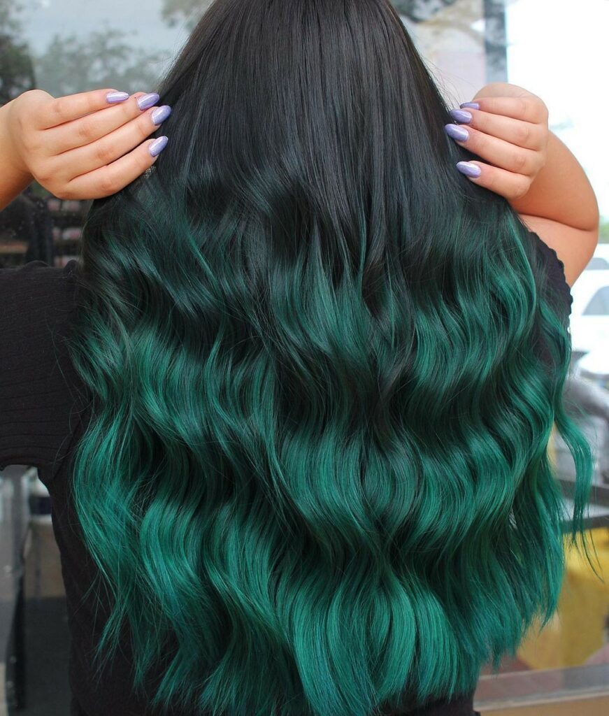 Mid-Back Wavy Dark Green Ombre — Long Hair With Wavy Texture — Dark Green Hair