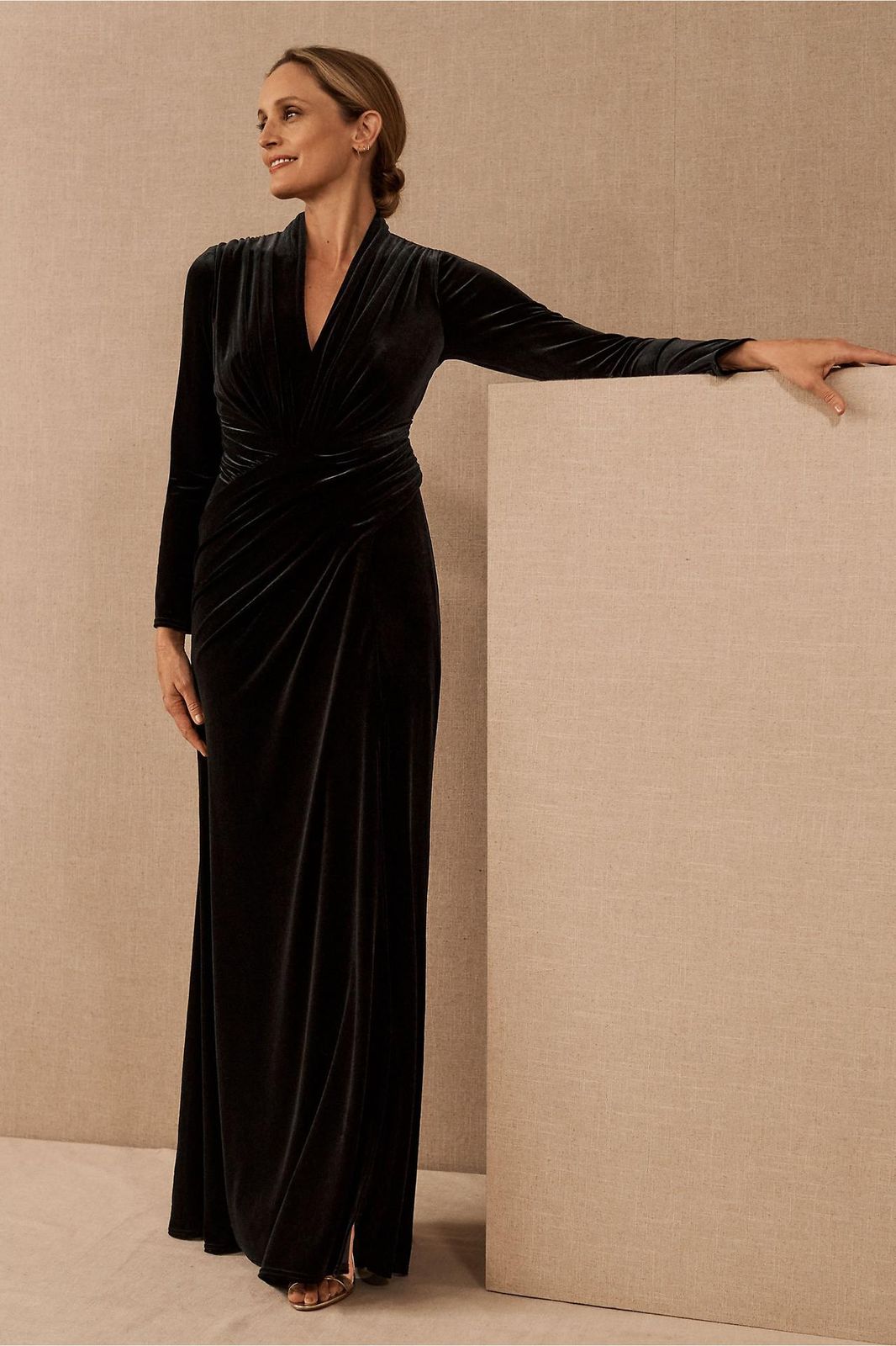 Luxurious Dark Grey Velvet Gown with Long Sleeves — Grandmother of the Bride Outfits